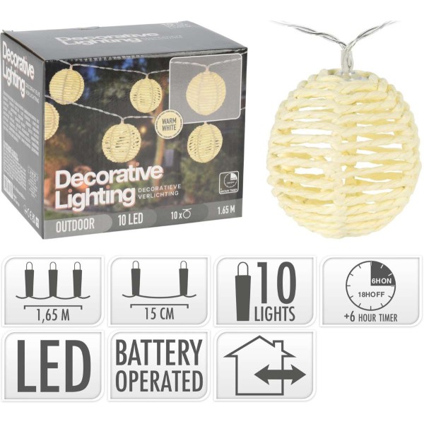 Lichtsnoer met 10 Lampionnen - 1.35m - op batterijen - met Timer