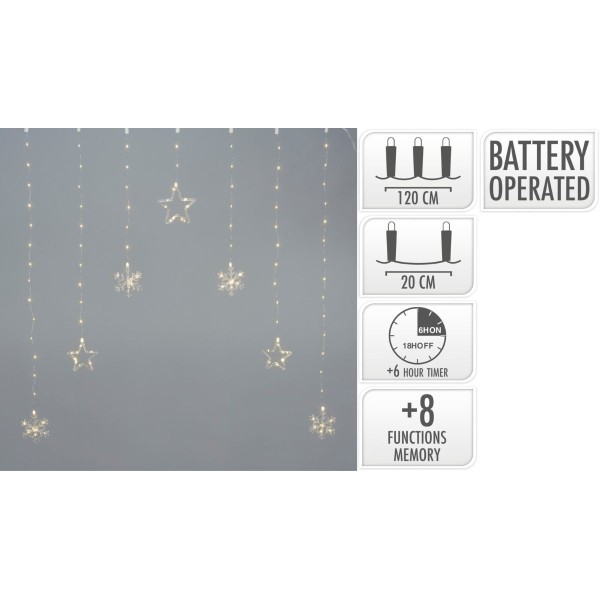 Kerstverlichting Lichtgordijn -Sterren - Sneeuwvlokken - 120x120cm - op batterijen