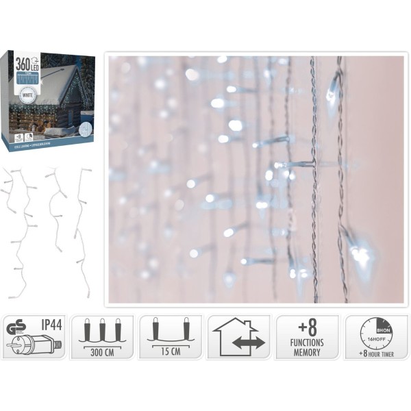 IJspegel verlichting - 360 LED - Wit - Transparant Snoer - Timer - Lichtfuncties - Geheugen