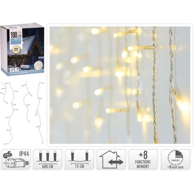 IJspegel verlichting 180 LED - warm wit - Lichtfuncties - Timer - Transparant snoer