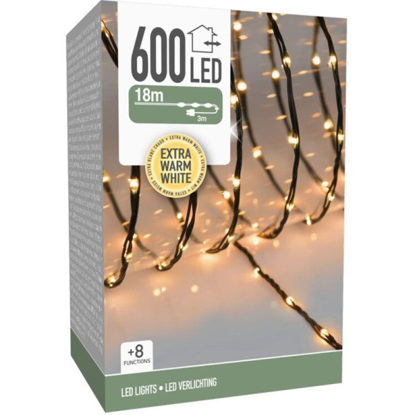 LED Verlichting 600 LED - 18 meter - extra warm wit - voor binnen en buiten - 8 Lichtfuncties - Soft Wire