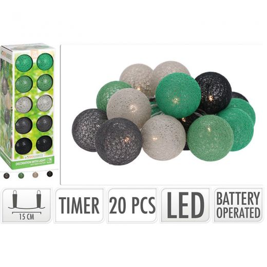 Decoratieslinger verlicht - 20 LED Lampionnen van Katoen - met Timer - Groen