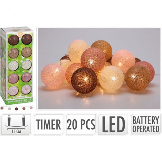 Decoratieslinger verlicht - 20 LED Lampionnen van Katoen - met Timer - Roze