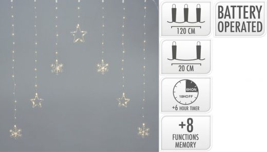 Kerstverlichting Lichtgordijn -Sterren - Sneeuwvlokken - 120x120cm - op batterijen