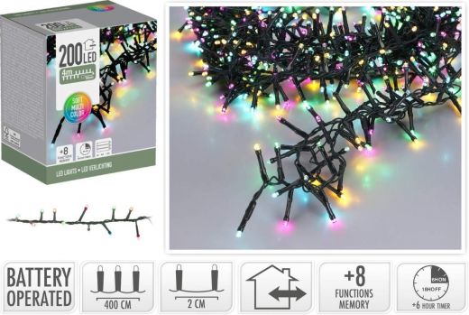 Micro Cluster 200 led - 4m - Soft Multi Colour - Batterij - Lichtfuncties - Geheugen - Timer