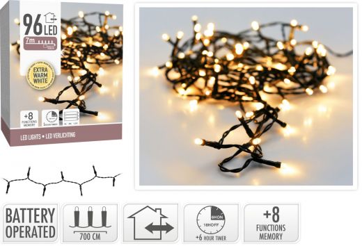 Kerstverlichting 96 led - 7m - extra warm wit - Batterij - Lichtfuncties - Geheugen - Timer