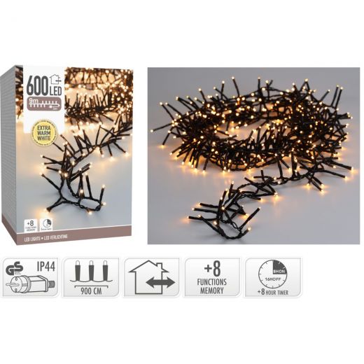 Maxi Cluster Kerstverlichting - 600 led - 9m - extra warm wit - Timer - Lichtfuncties - Geheugen - Buiten