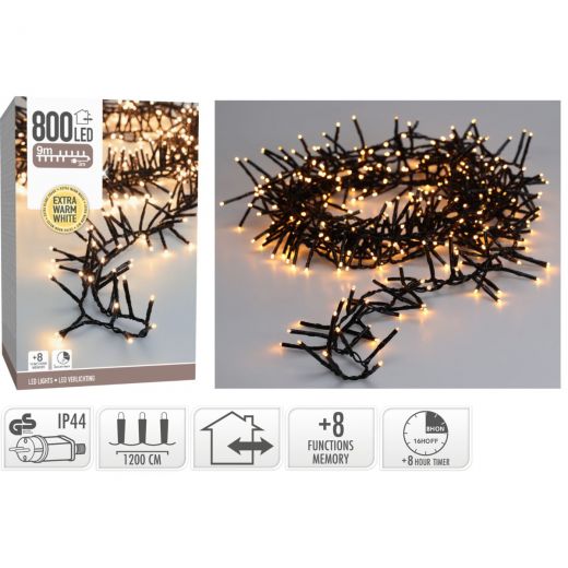 Maxi Cluster Kerstverlichting - 800 led - 12m - extra warm wit - Timer - Lichtfuncties - Geheugen - Buiten