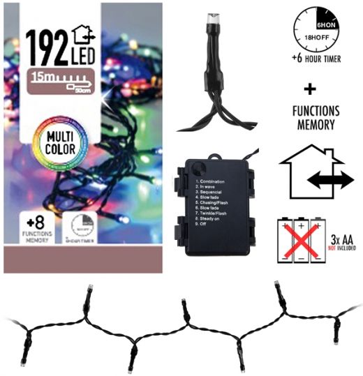 Kerstverlichting 192 LED's - multicolor - op batterij