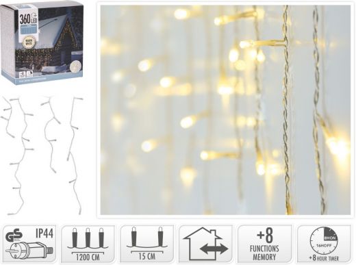 IJspegel verlichting 360 LED - warm wit - Lichtfuncties - Timer - Transparant snoer