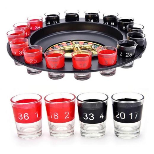 Drankspel Roulette met 16 shotglaasjes