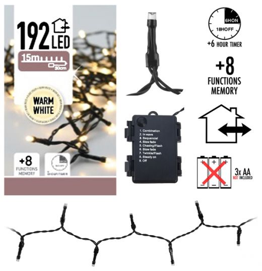 Kerstverlichting 192 LED's - warm wit - op batterij